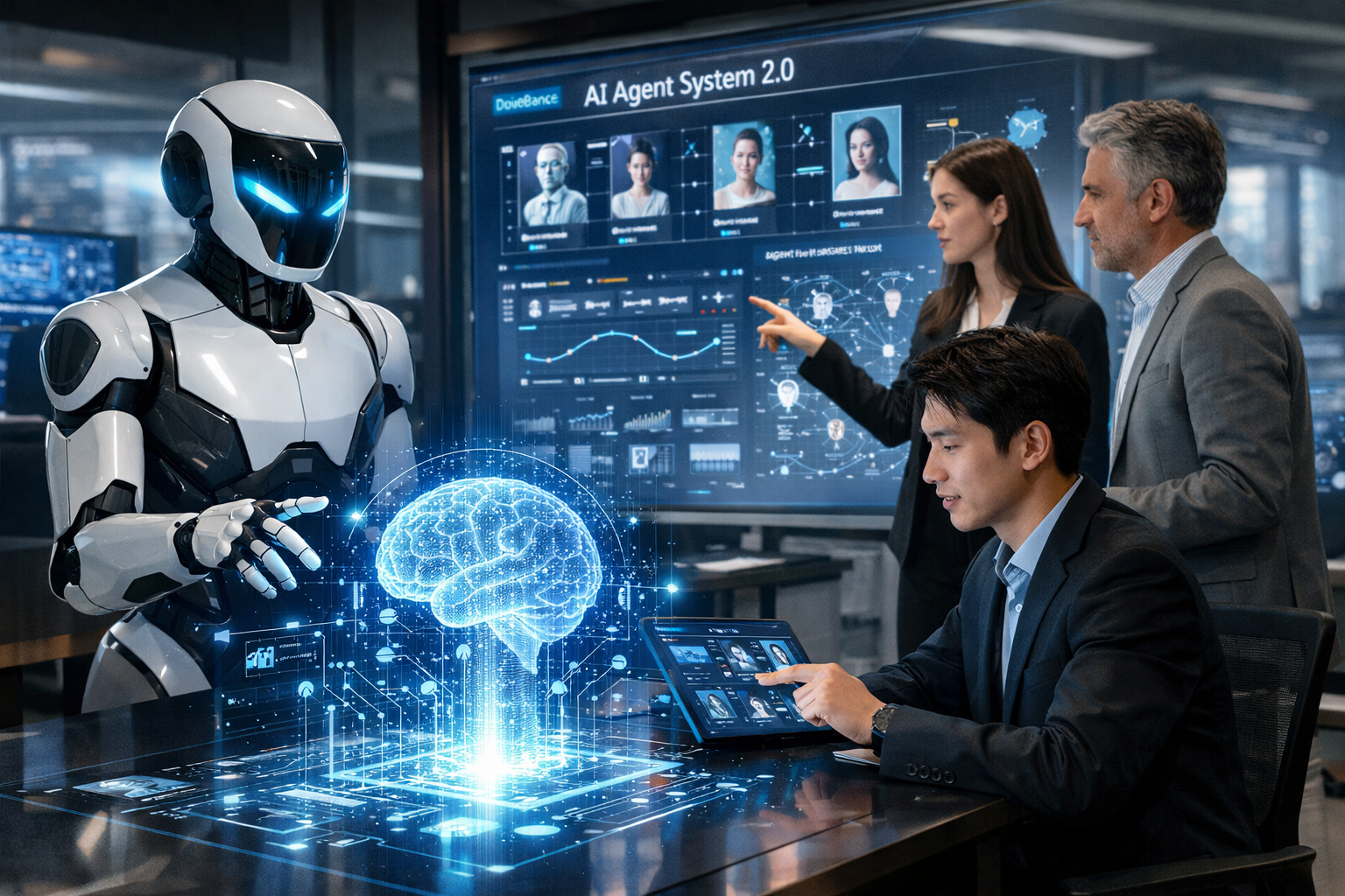 Editorial section illustration for "1. Запуск Doubao 2.0 от ByteDance: новая эра агентских систем" in context of "AI в феврале 2026: 7 событий, которые изменили всё". Subject-focused composition, realistic business environment, crisp details, natural contrast, no text, no watermark, no logo, no empty background, 16:9.