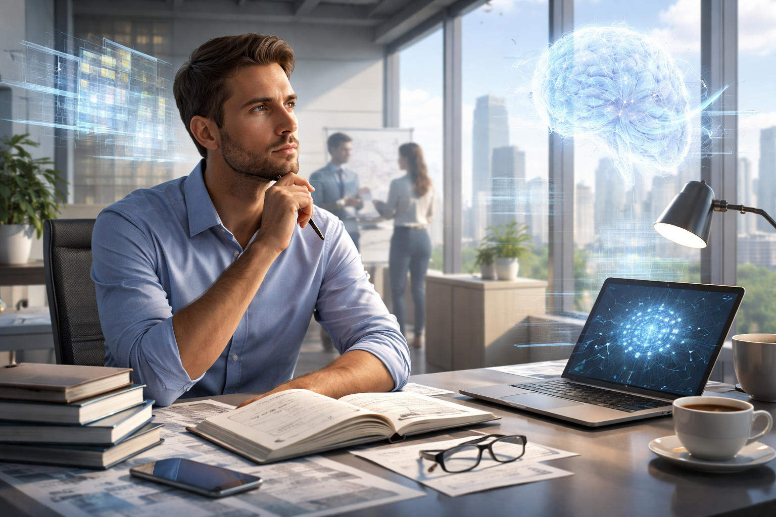 Editorial section illustration for "Архитектура тихого мышления" in context of "DeepSeek R2: почему тихое мышление меняет правила игры". Subject-focused composition, realistic business environment, crisp details, natural contrast, no text, no watermark, no logo, no empty background, 16:9.