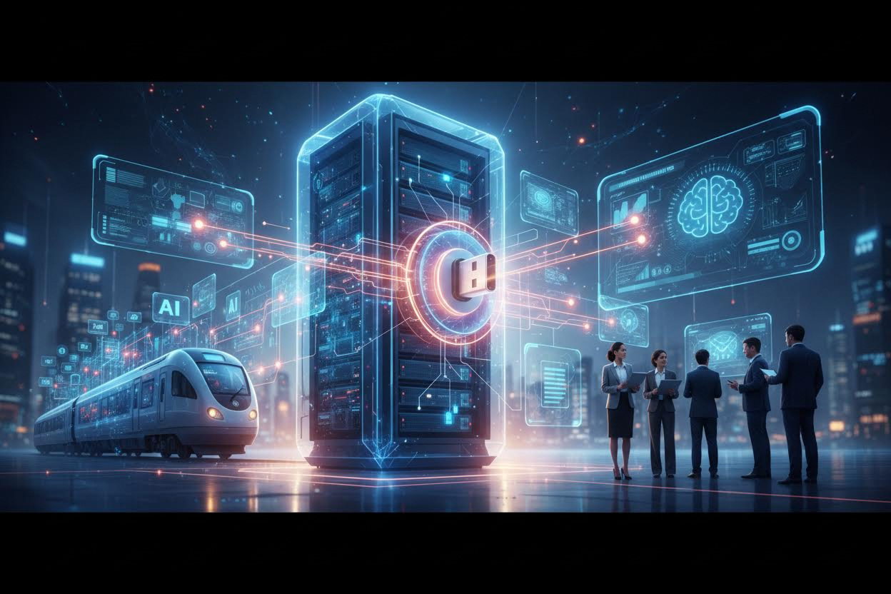 Editorial section illustration for "Что такое MCP: Архитектура универсального перевозчика" in context of "MCP: USB-порт для искусственного интеллекта. Что это и почему важно". Subject-focused composition, realistic business environment, crisp details, natural contrast, no text, no watermark, no logo, no empty background, 16:9.