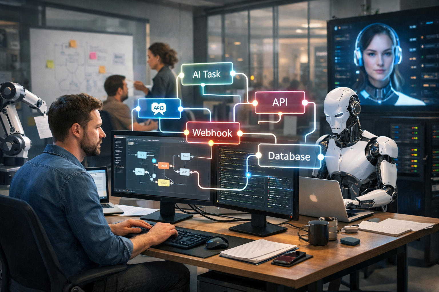 Editorial section illustration for "Архитектура событий: как Trigger.dev оркестрирует AI" in context of "Trigger.dev: почему это главный инструмент AI-автоматизации в 2026". Subject-focused composition, realistic business environment, crisp details, natural contrast, no text, no watermark, no logo, no empty background, 16:9.