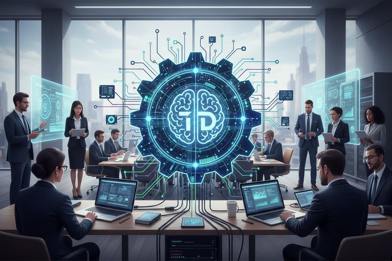 Editorial section illustration for "Интеграция с современными AI-моделями" in context of "Trigger.dev: почему это главный инструмент AI-автоматизации в 2026". Subject-focused composition, realistic business environment, crisp details, natural contrast, no text, no watermark, no logo, no empty background, 16:9.