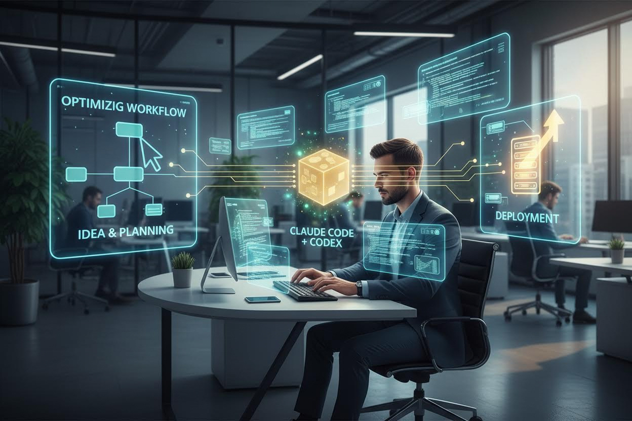 Editorial section illustration for "Настройка рабочего процесса: от идеи до деплоя" in context of "Cursor + Claude Code + Codex: как один человек пишет код за десятерых". Subject-focused composition, realistic business environment, crisp details, natural contrast, no text, no watermark, no logo, no empty background, 16:9.