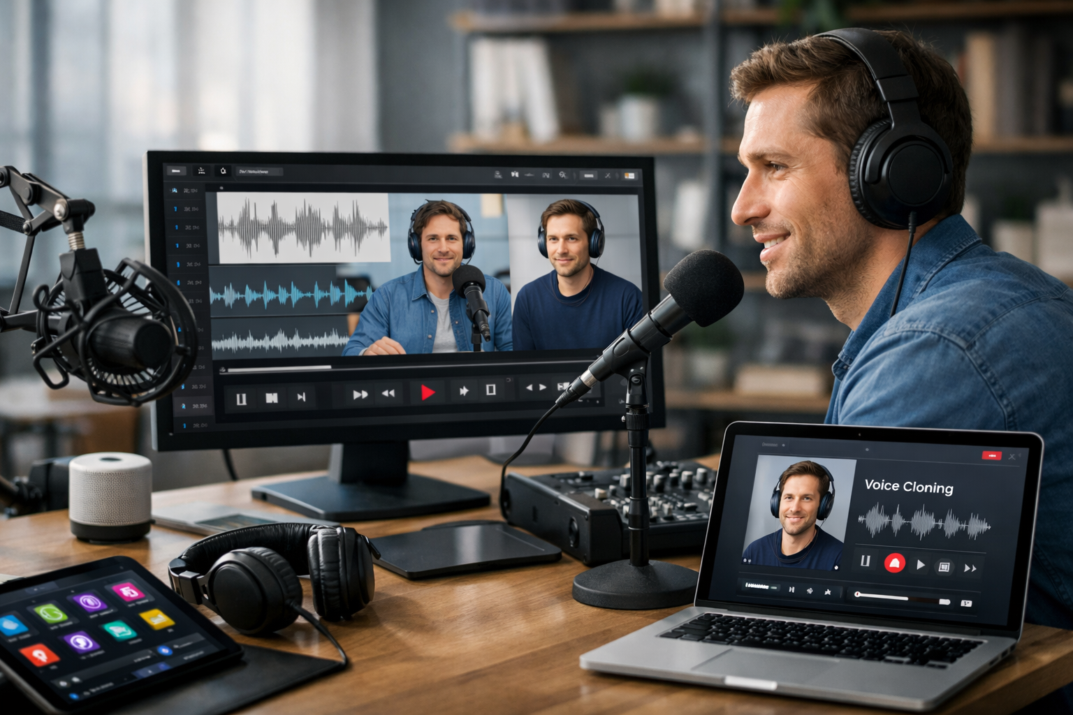 Editorial section illustration for "Что такое ElevenLabs и почему это революция для подкастов" in context of "ElevenLabs: как клонировать голос и создавать подкасты без микрофона". Subject-focused composition, realistic business environment, crisp details, natural contrast, no text, no watermark, no logo, no empty background, 16:9.