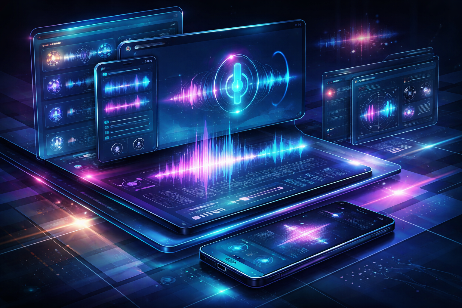 A diverse business team collaborates on projects in a modern office setting, using technology and notes.