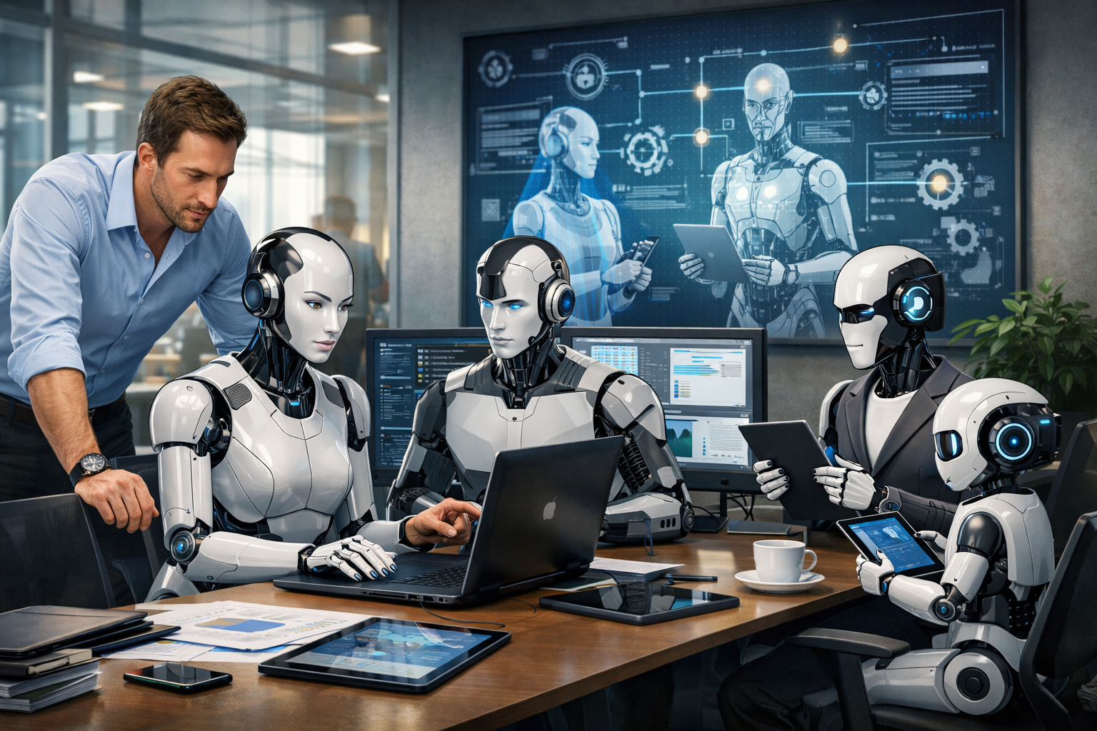 Editorial section illustration for "Эволюция от промпта к команде" in context of "Agent Teams: когда AI-агенты работают командой". Subject-focused composition, realistic business environment, crisp details, natural contrast, no text, no watermark, no logo, no empty background, 16:9.