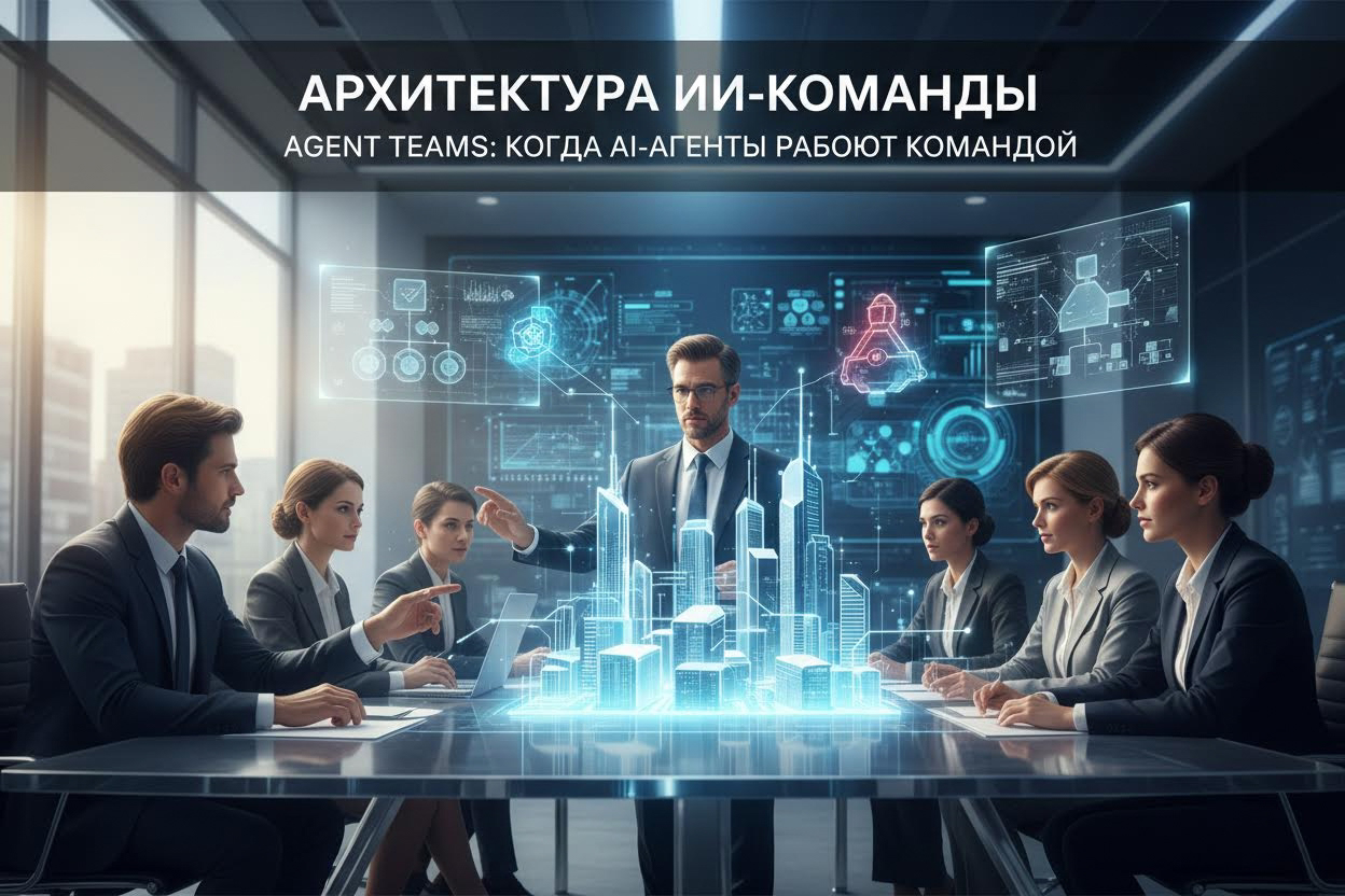 Editorial section illustration for "Архитектура ИИ-команды" in context of "Agent Teams: когда AI-агенты работают командой". Subject-focused composition, realistic business environment, crisp details, natural contrast, no text, no watermark, no logo, no empty background, 16:9.