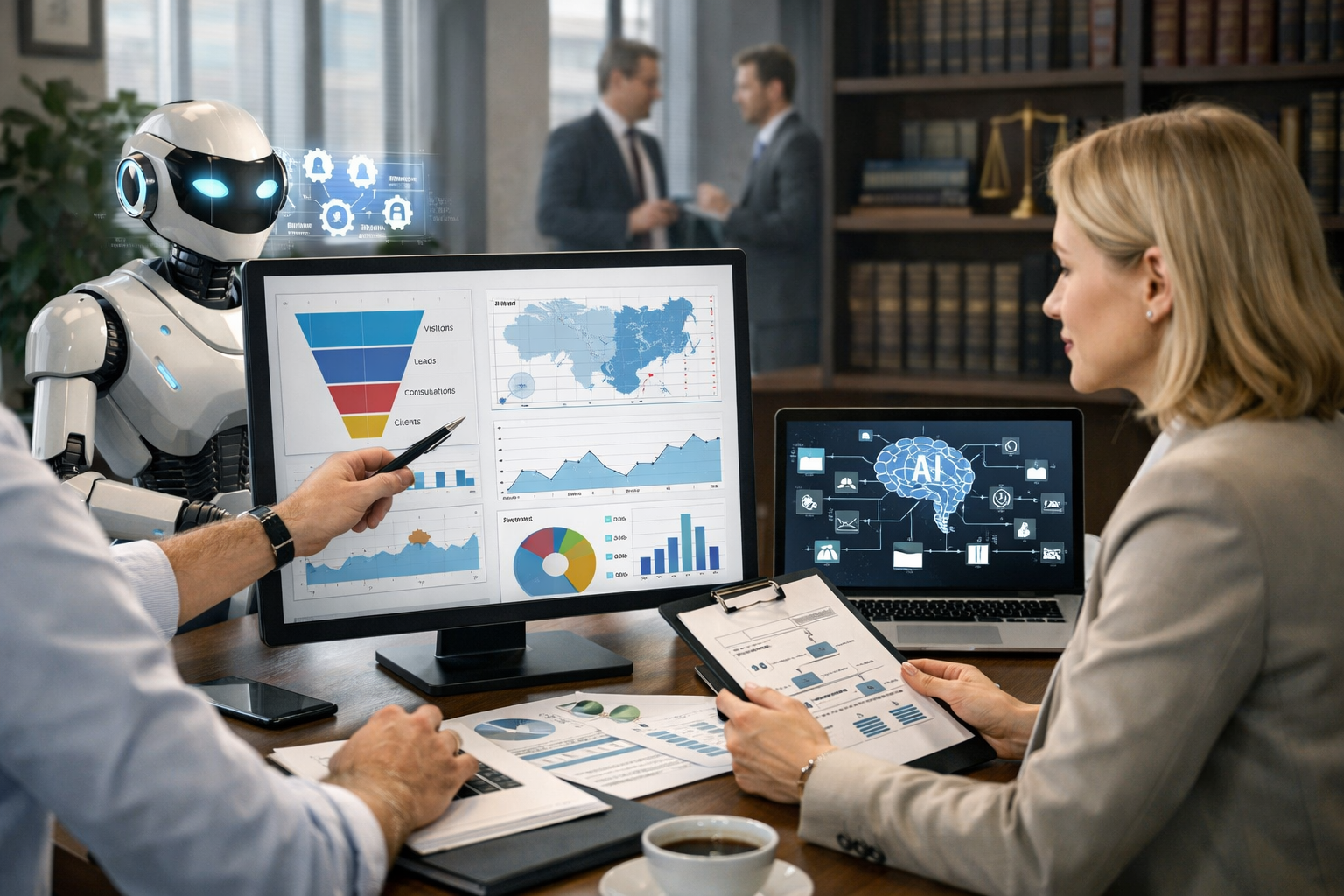 Editorial section illustration for "Аудит текущих процессов: откуда берутся клиенты?" in context of "AI для юридической компании: полный гайд по автоматизации маркетинга". Subject-focused composition, realistic business environment, crisp details, natural contrast, no text, no watermark, no logo, no empty background, 16:9.