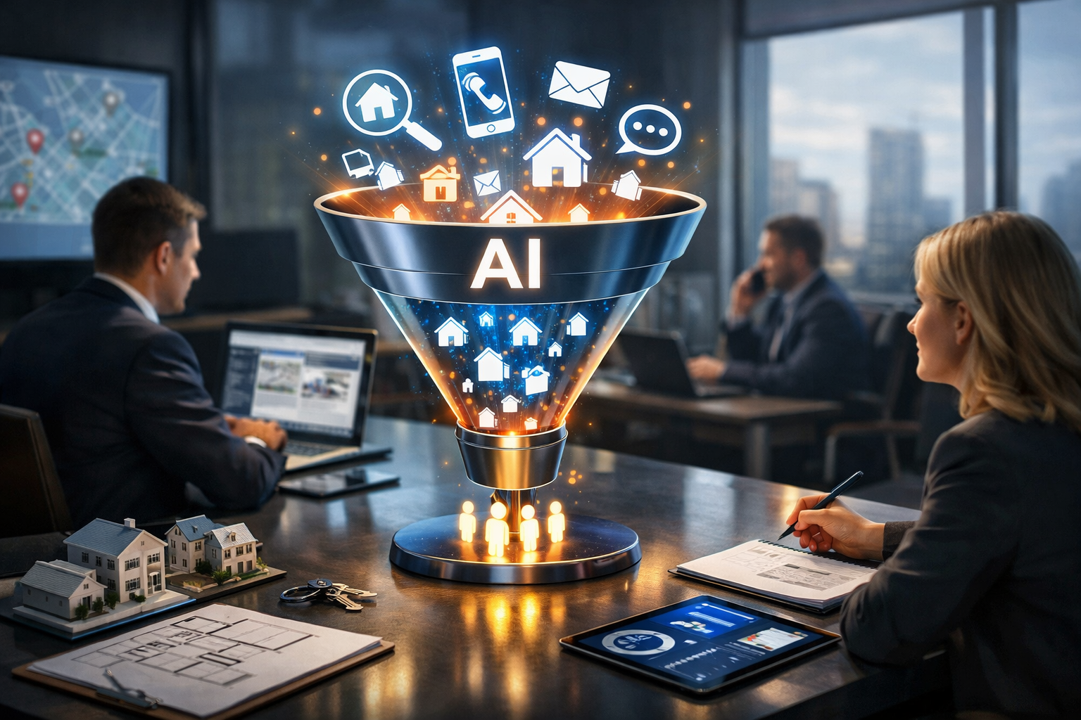 Editorial section illustration for "1. Стратегический фреймворк: AI-воронка для недвижимости" in context of "AI для агентства недвижимости: как получить 200 лидов в месяц без отдела маркетинга". Subject-focused composition, realistic business environment, crisp details, natural contrast, no text, no watermark, no logo, no empty background, 16:9.