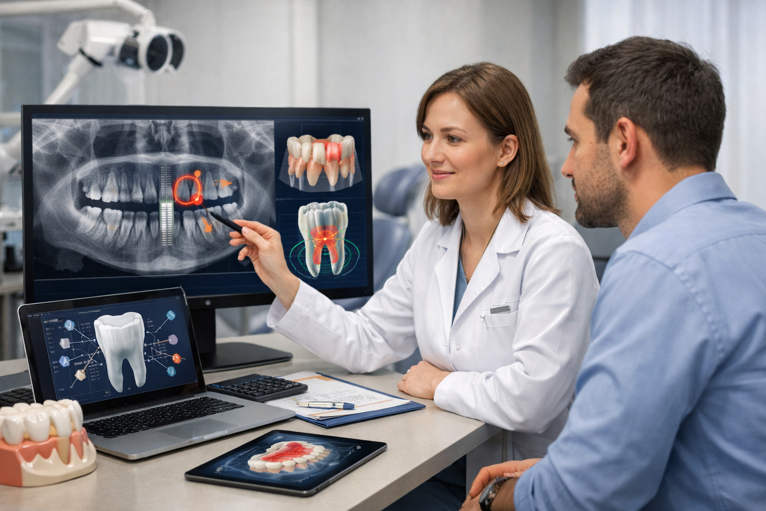 Editorial section illustration for "AI-диагностика: точный диагноз – довольный пациент" in context of "AI для стоматологии: контент-стратегия, которая работает". Subject-focused composition, realistic business environment, crisp details, natural contrast, no text, no watermark, no logo, no empty background, 16:9.