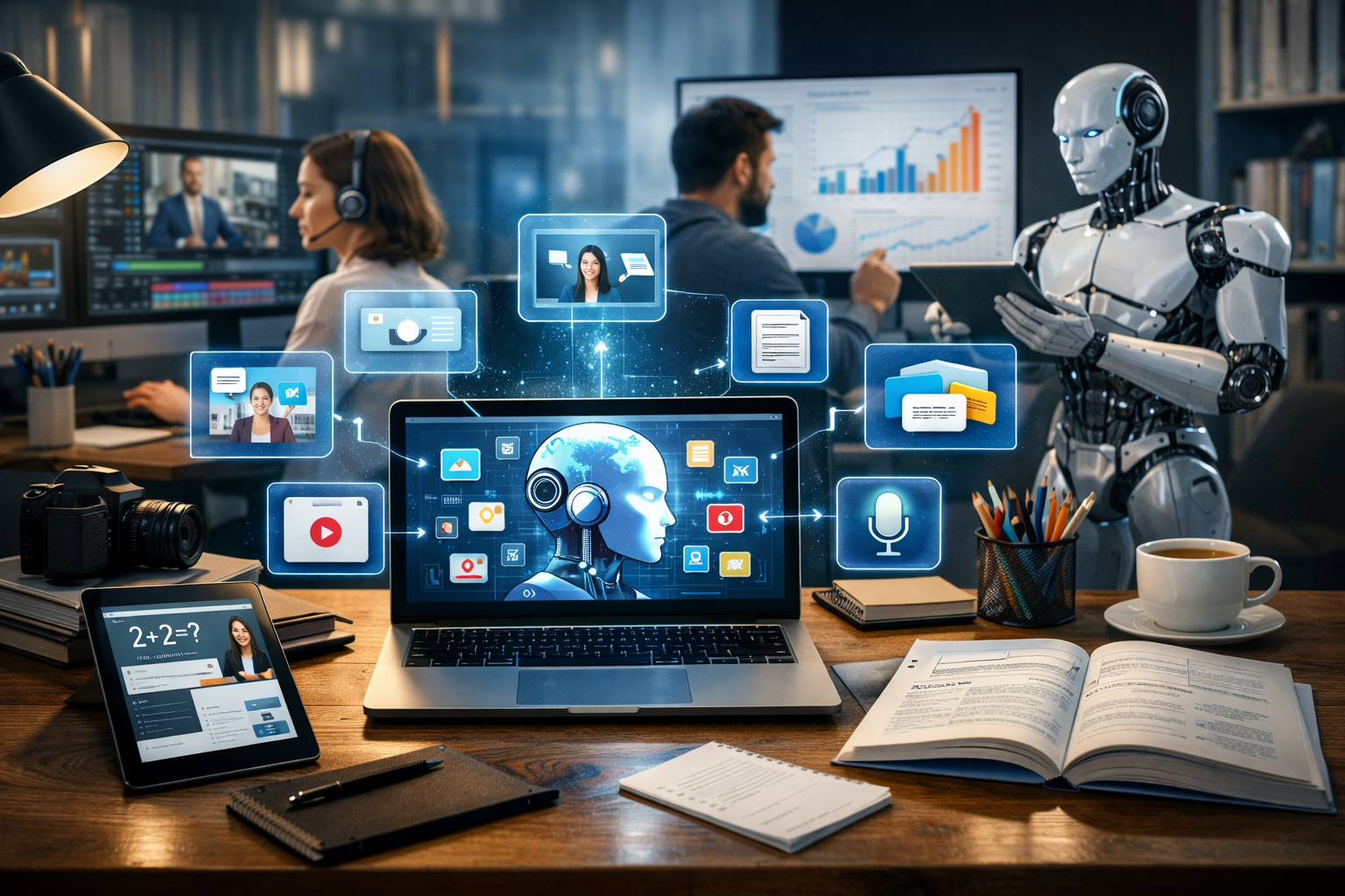 Editorial section illustration for "Рынок EdTech 2026: почему контент стал валютой" in context of "AI для EdTech: Как создавать 100 единиц контента в месяц". Subject-focused composition, realistic business environment, crisp details, natural contrast, no text, no watermark, no logo, no empty background, 16:9.