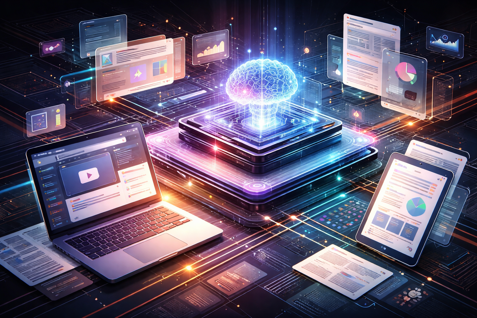 A diverse business team collaborates on projects in a modern office setting, using technology and notes.