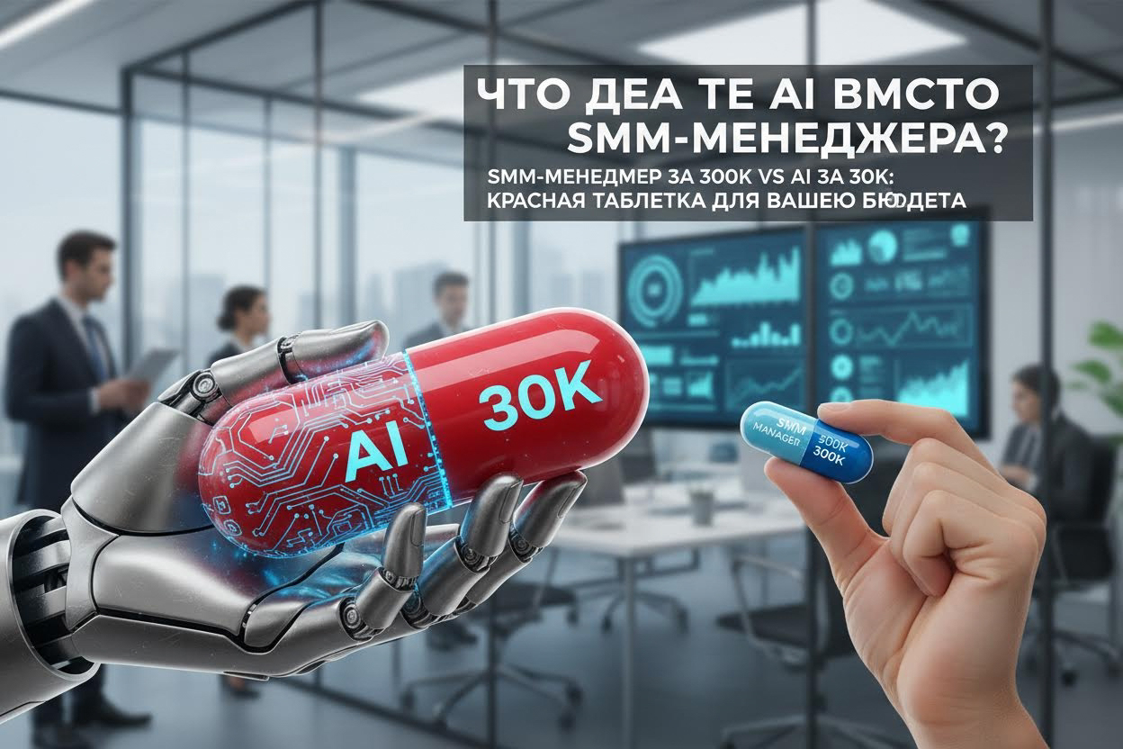 Editorial section illustration for "Что делает AI вместо SMM-менеджера?" in context of "SMM-менеджер за 300K vs AI за 30K: Красная таблетка для вашего бюджета". Subject-focused composition, realistic business environment, crisp details, natural contrast, no text, no watermark, no logo, no empty background, 16:9.