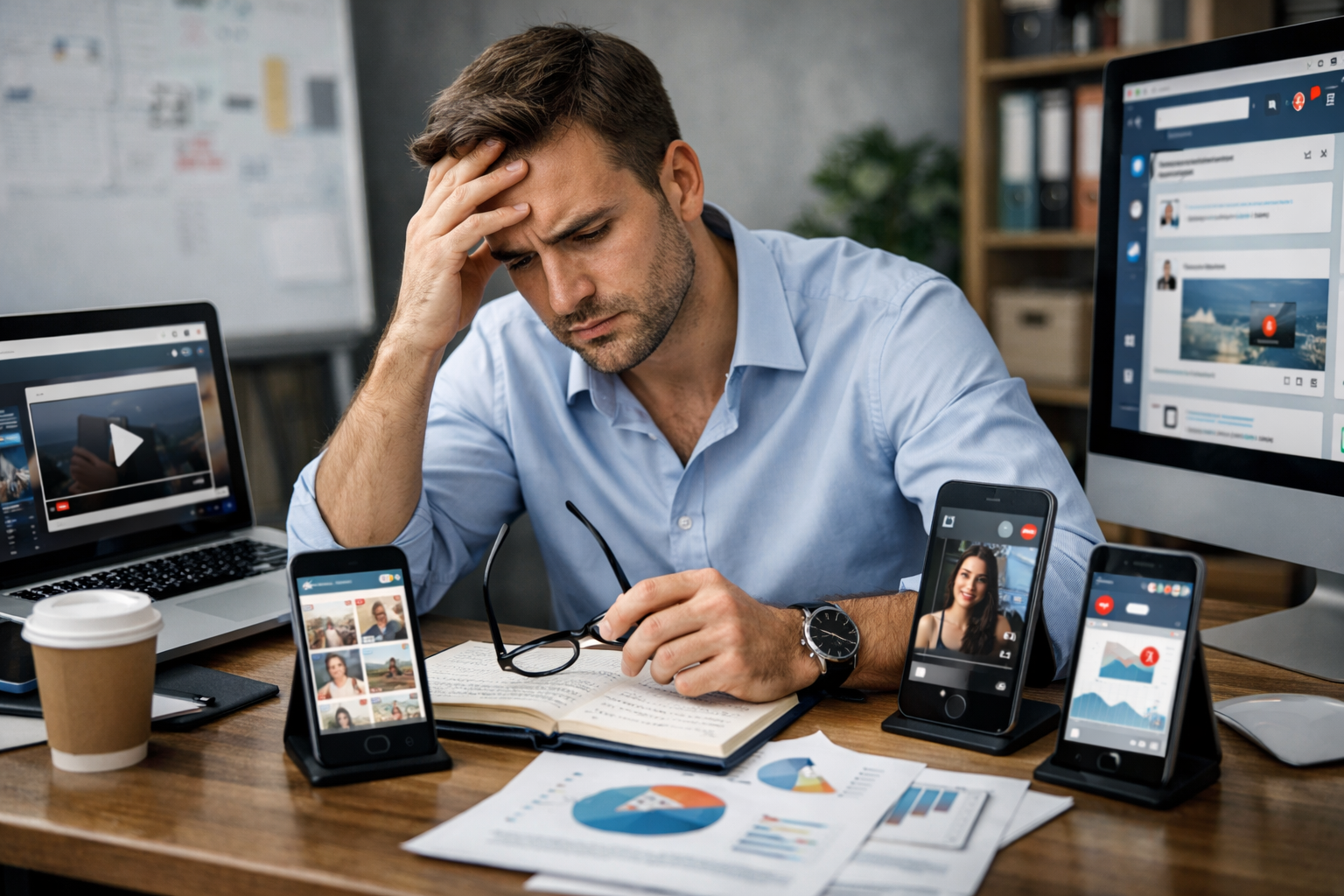 Editorial section illustration for "Ошибка 1: Распыление ресурсов по 5+ платформам" in context of "5 причин, почему ваш Telegram-канал не приносит клиентов в 2026". Subject-focused composition, realistic business environment, crisp details, natural contrast, no text, no watermark, no logo, no empty background, 16:9.