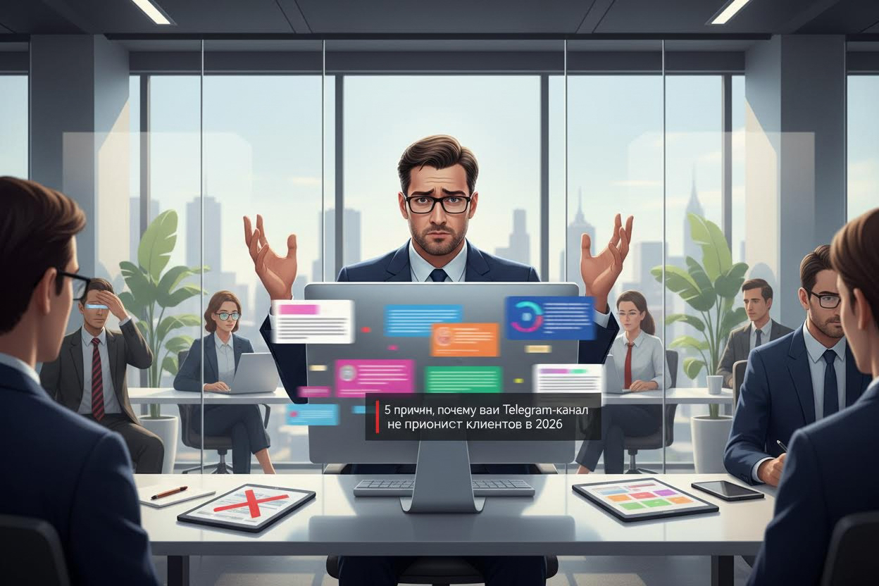 Editorial section illustration for "Ошибка 2: Баннерная слепота в рекламе" in context of "5 причин, почему ваш Telegram-канал не приносит клиентов в 2026". Subject-focused composition, realistic business environment, crisp details, natural contrast, no text, no watermark, no logo, no empty background, 16:9.
