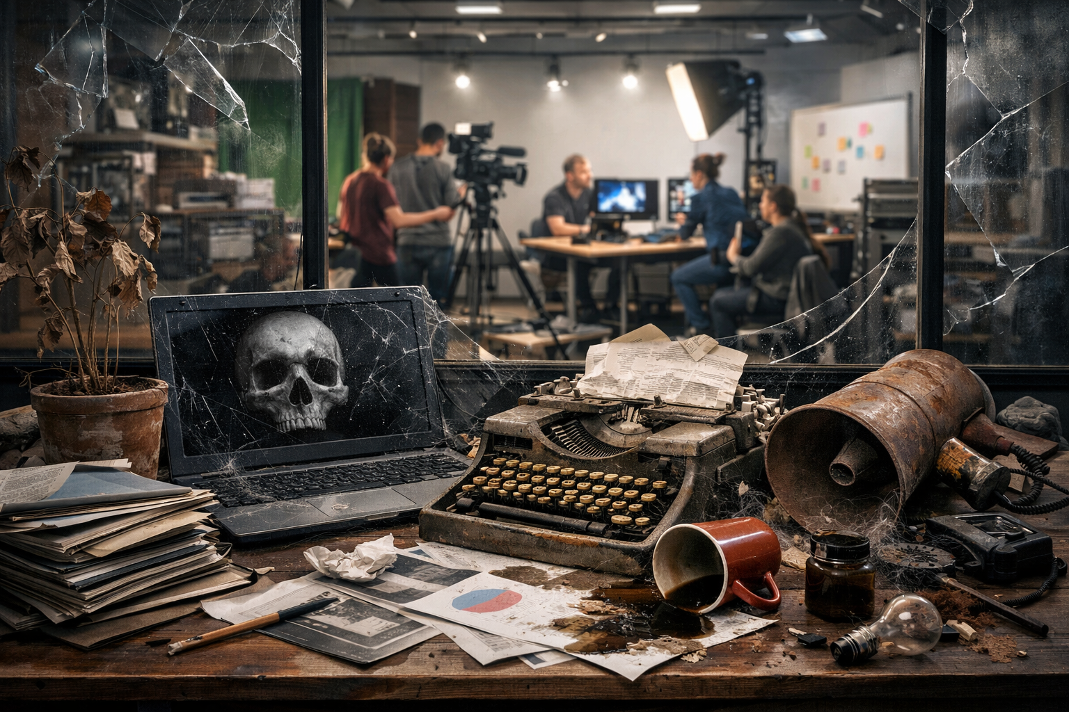 Editorial section illustration for "Почему традиционный контент-маркетинг мёртв" in context of "Контент-маркетинг мёртв. Да здравствует Content Factory". Subject-focused composition, realistic business environment, crisp details, natural contrast, no text, no watermark, no logo, no empty background, 16:9.