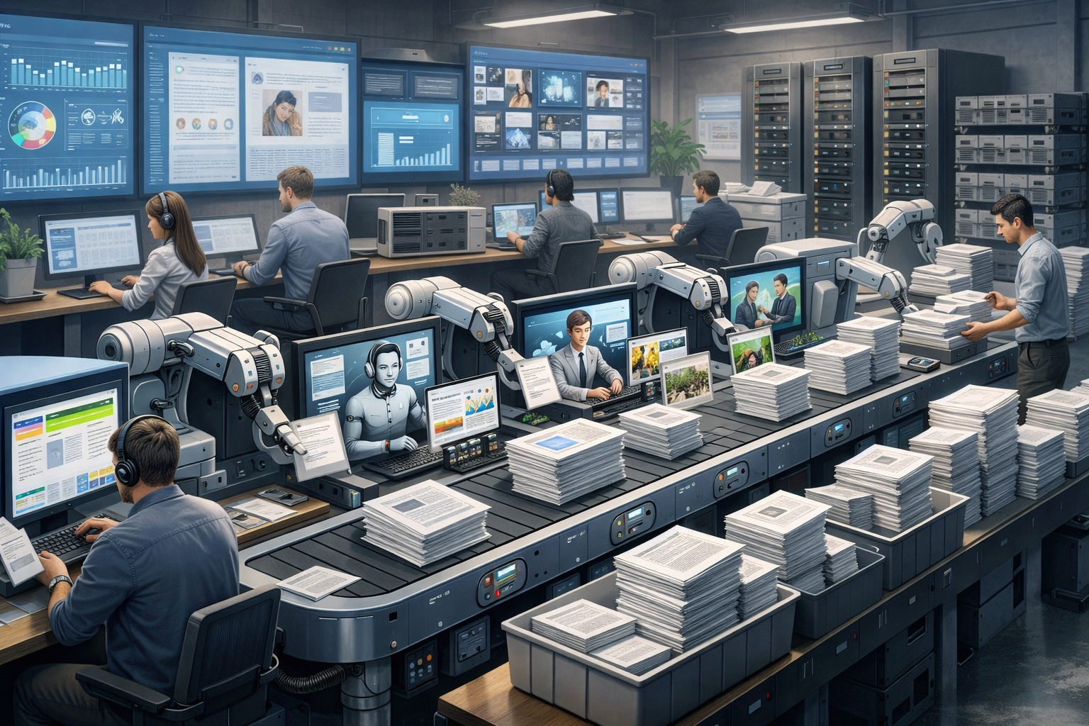 Editorial section illustration for "Архитектура конвейера: 4 слоя AI-агентов" in context of "Content Factory: Система для 50 статей в день". Subject-focused composition, realistic business environment, crisp details, natural contrast, no text, no watermark, no logo, no empty background, 16:9.