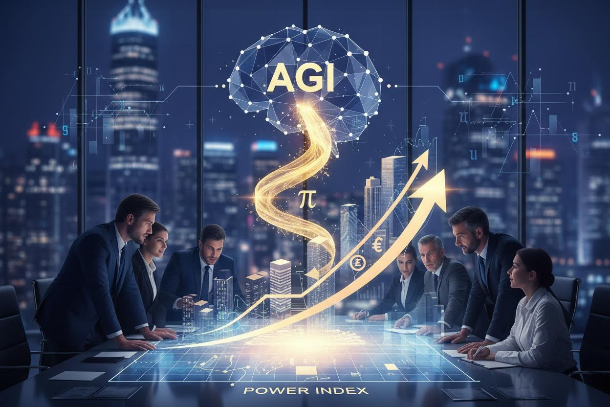 Editorial section illustration for "Математическое доказательство скачка к AGI через PI" in context of "Power Index: новая метрика для измерения мощи бизнеса". Subject-focused composition, realistic business environment, crisp details, natural contrast, no text, no watermark, no logo, no empty background, 16:9.