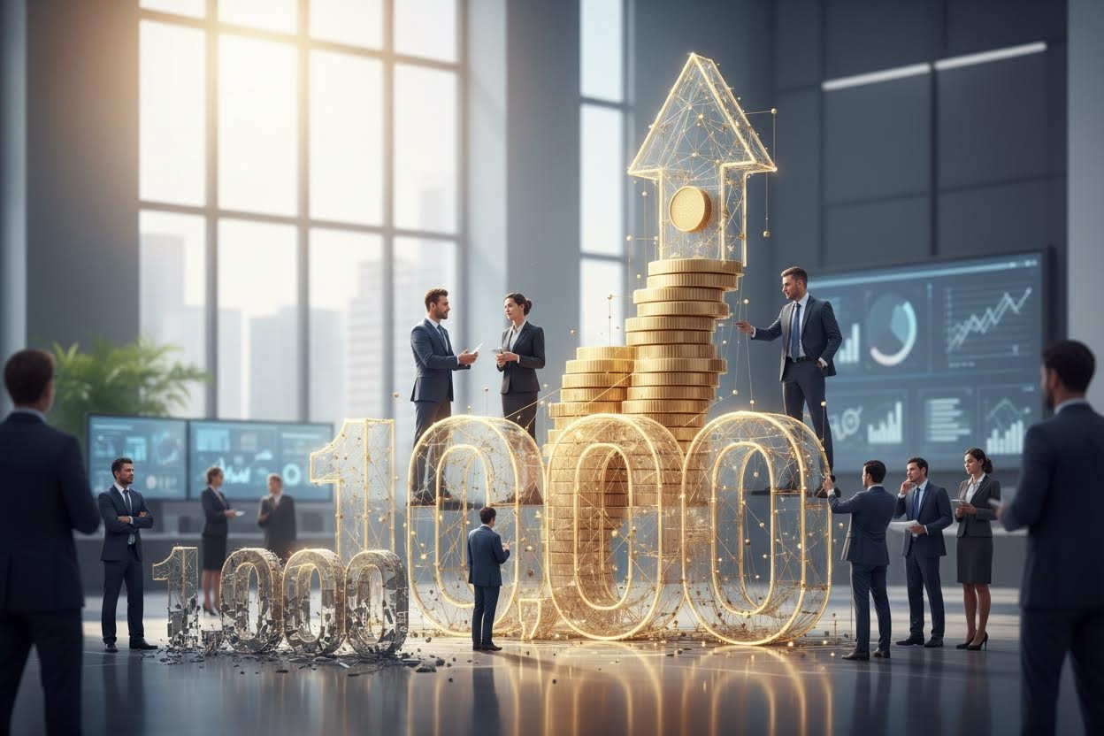 Editorial section illustration for "Масштабирование: PI 10,000 как основа фонда" in context of "PI 1,000 vs 10,000: бизнес-стратегии для разных уровней". Subject-focused composition, realistic business environment, crisp details, natural contrast, no text, no watermark, no logo, no empty background, 16:9.