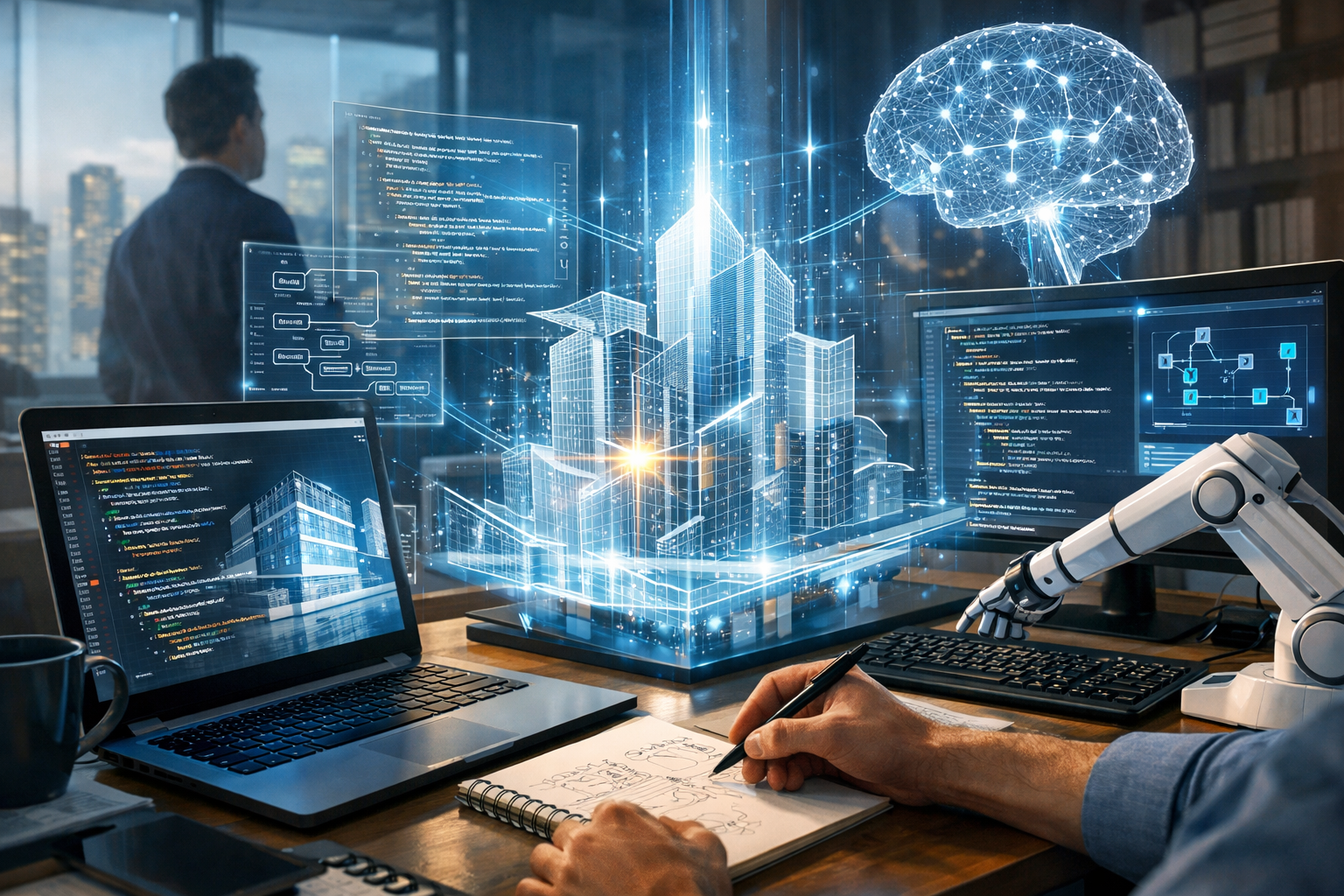 Editorial section illustration for "Архитектурный прорыв: Что изменилось в GPT-5.3-Codex" in context of "GPT-5.3 Codex Steering: Программирование 2026". Subject-focused composition, realistic business environment, crisp details, natural contrast, no text, no watermark, no logo, no empty background, 16:9.