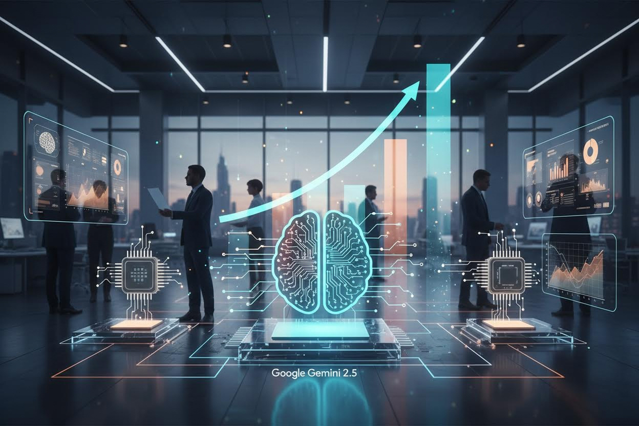 Editorial section illustration for "Бенчмарки: Сравнение с топ-3 конкурентами" in context of "Google Gemini 2.5: прорыв или эволюция? Полный разбор". Subject-focused composition, realistic business environment, crisp details, natural contrast, no text, no watermark, no logo, no empty background, 16:9.