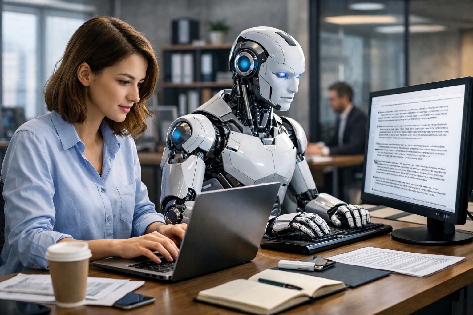 Editorial section illustration for "1. Написание текстов за считанные минуты" in context of "AI-агенты: 10 задач, которые они уже решают лучше людей". Subject-focused composition, realistic business environment, crisp details, natural contrast, no text, no watermark, no logo, no empty background, 16:9.