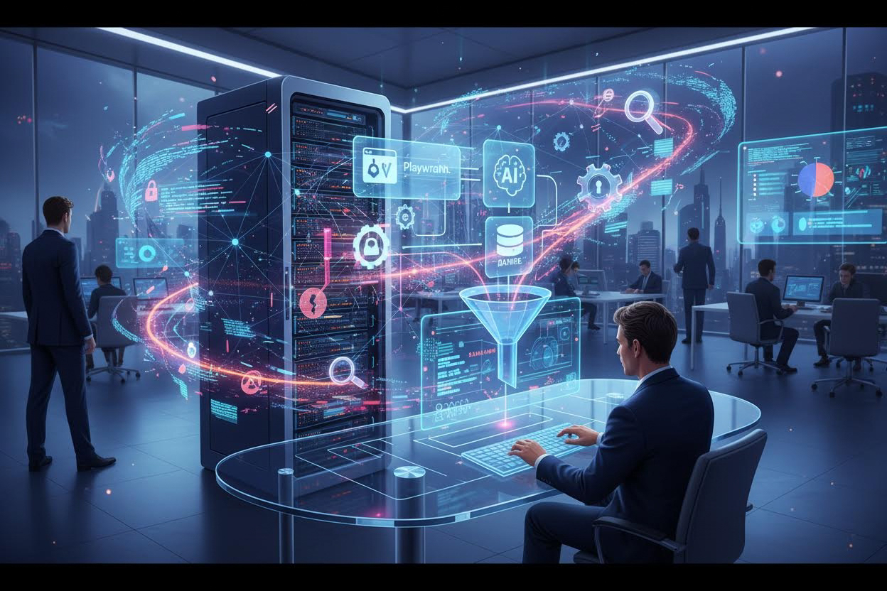 Editorial section illustration for "Архитектура решения: от промпта к данным" in context of "Playwright + AI: Парсинг без API и границ". Subject-focused composition, realistic business environment, crisp details, natural contrast, no text, no watermark, no logo, no empty background, 16:9.