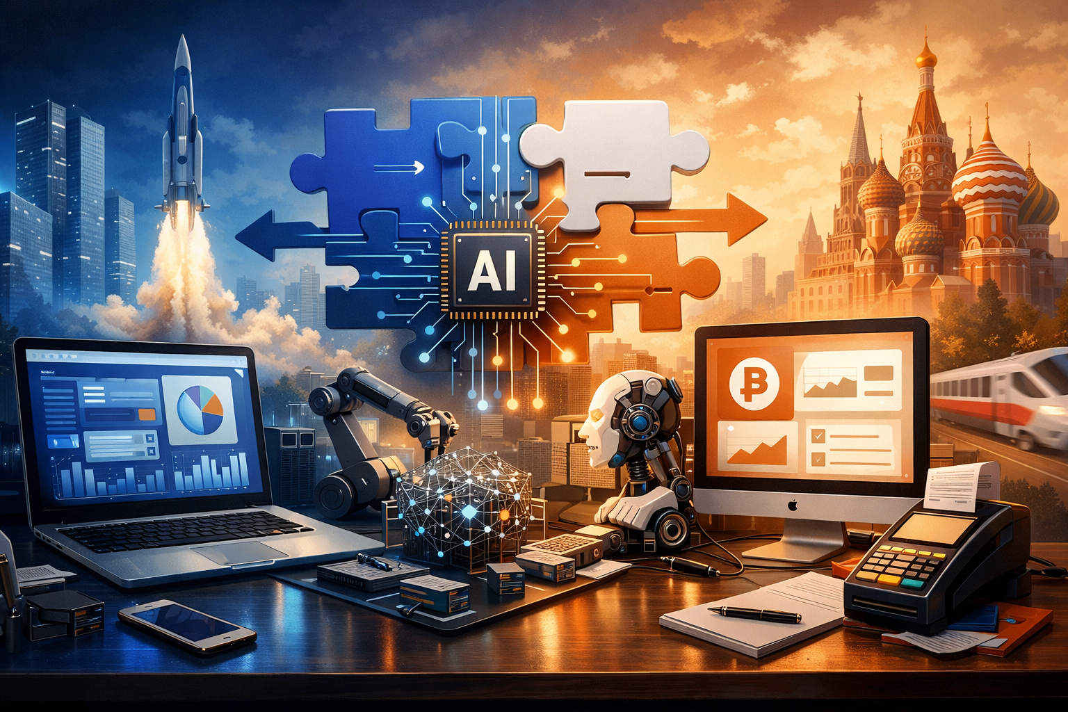 Editorial section illustration for "Архитектура интеграции и скорость запуска" in context of "Stripe vs YooKassa: Как принимать платежи в AI-бизнесе в 2026". Subject-focused composition, realistic business environment, crisp details, natural contrast, no text, no watermark, no logo, no empty background, 16:9.