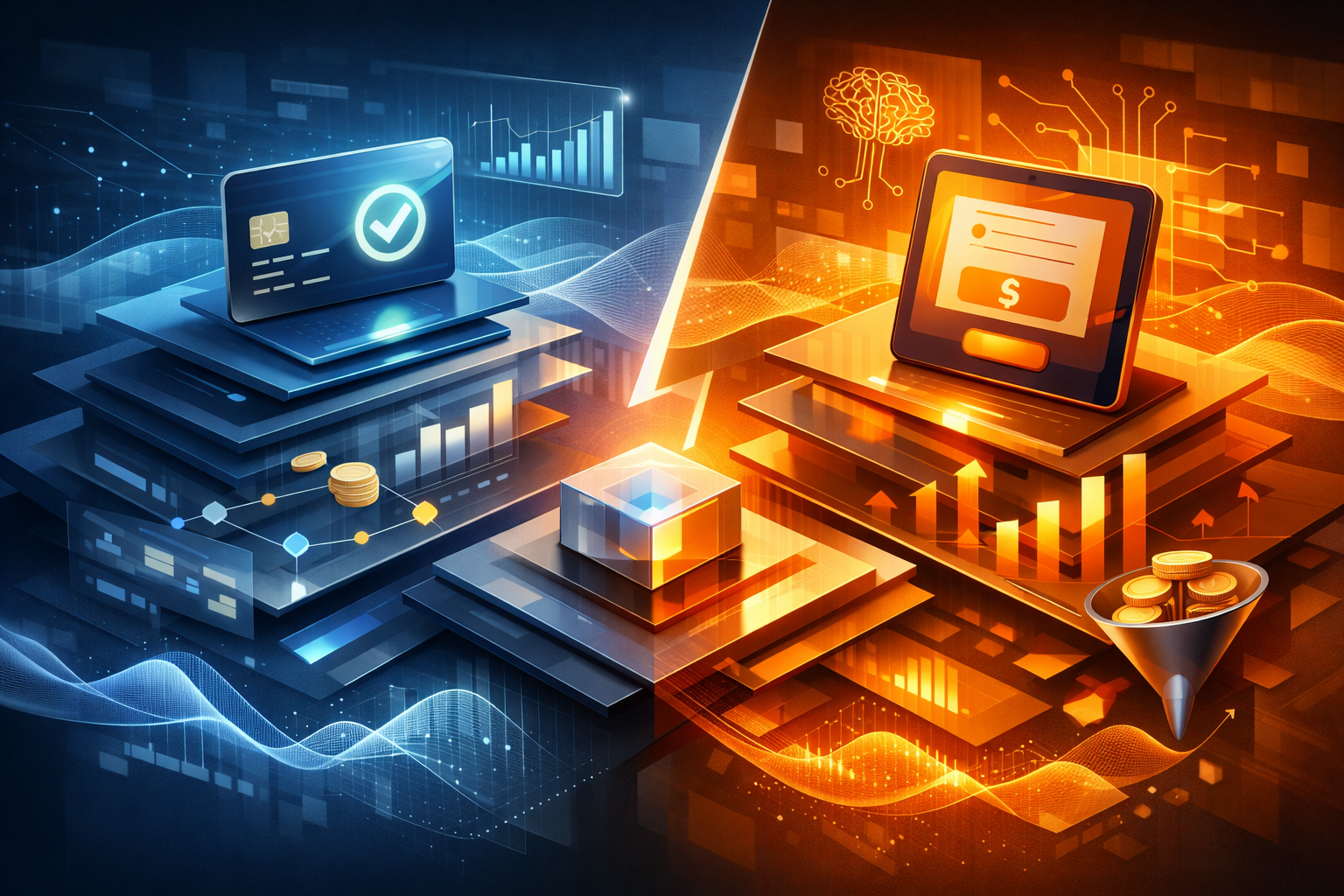 A group of diverse professionals collaborating in a modern office setting with laptops and technology.