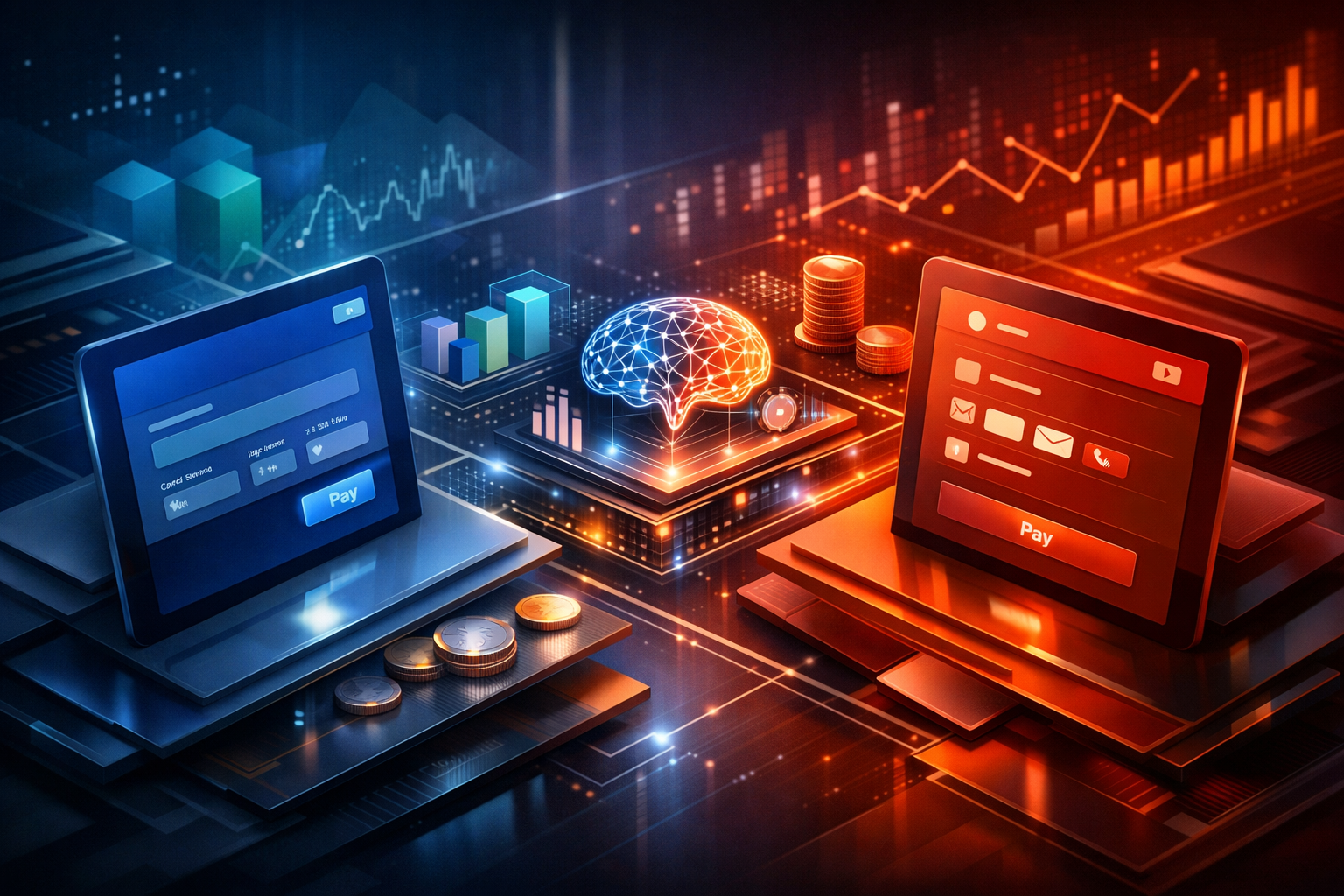 A diverse business team collaborates on projects in a modern office setting, using technology and notes.