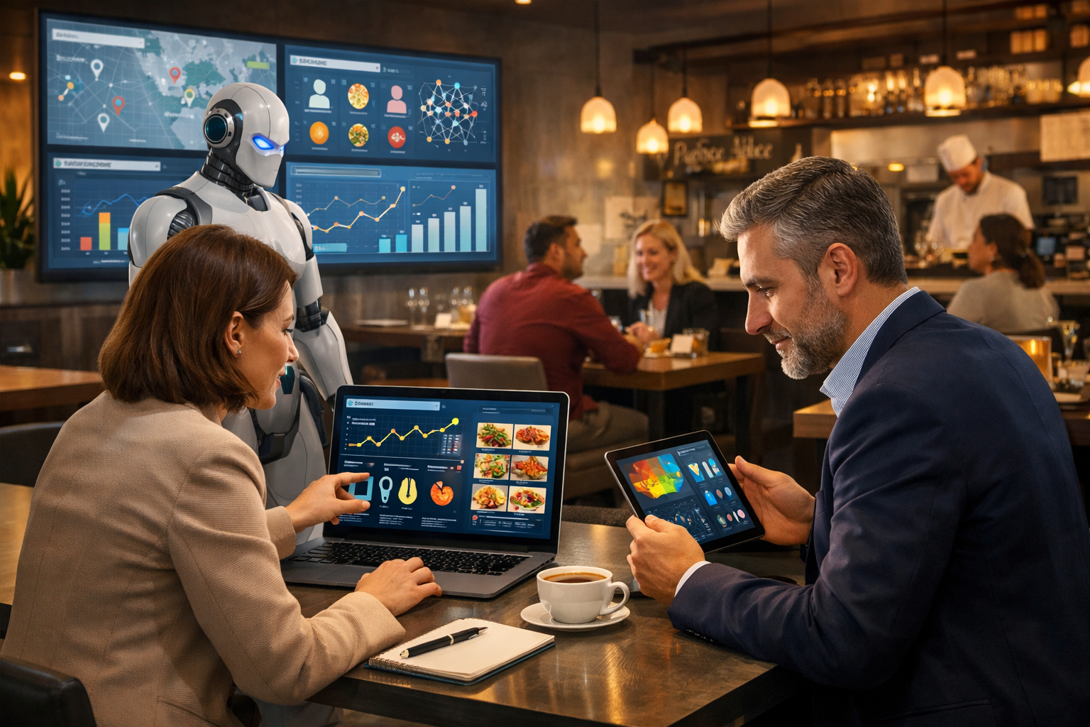 Editorial section illustration for "AI-анализ данных для персонализации контента" in context of "AI для ресторанного бизнеса: как нейросети привлекают гостей в 2026". Subject-focused composition, realistic business environment, crisp details, natural contrast, no text, no watermark, no logo, no empty background, 16:9.