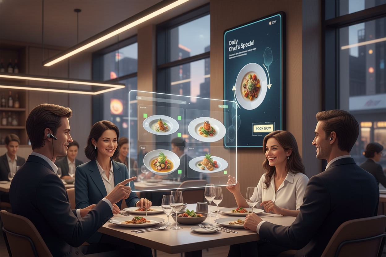 Editorial section illustration for "AI-меню и адаптивные баннеры" in context of "AI для ресторанного бизнеса: как нейросети привлекают гостей в 2026". Subject-focused composition, realistic business environment, crisp details, natural contrast, no text, no watermark, no logo, no empty background, 16:9.