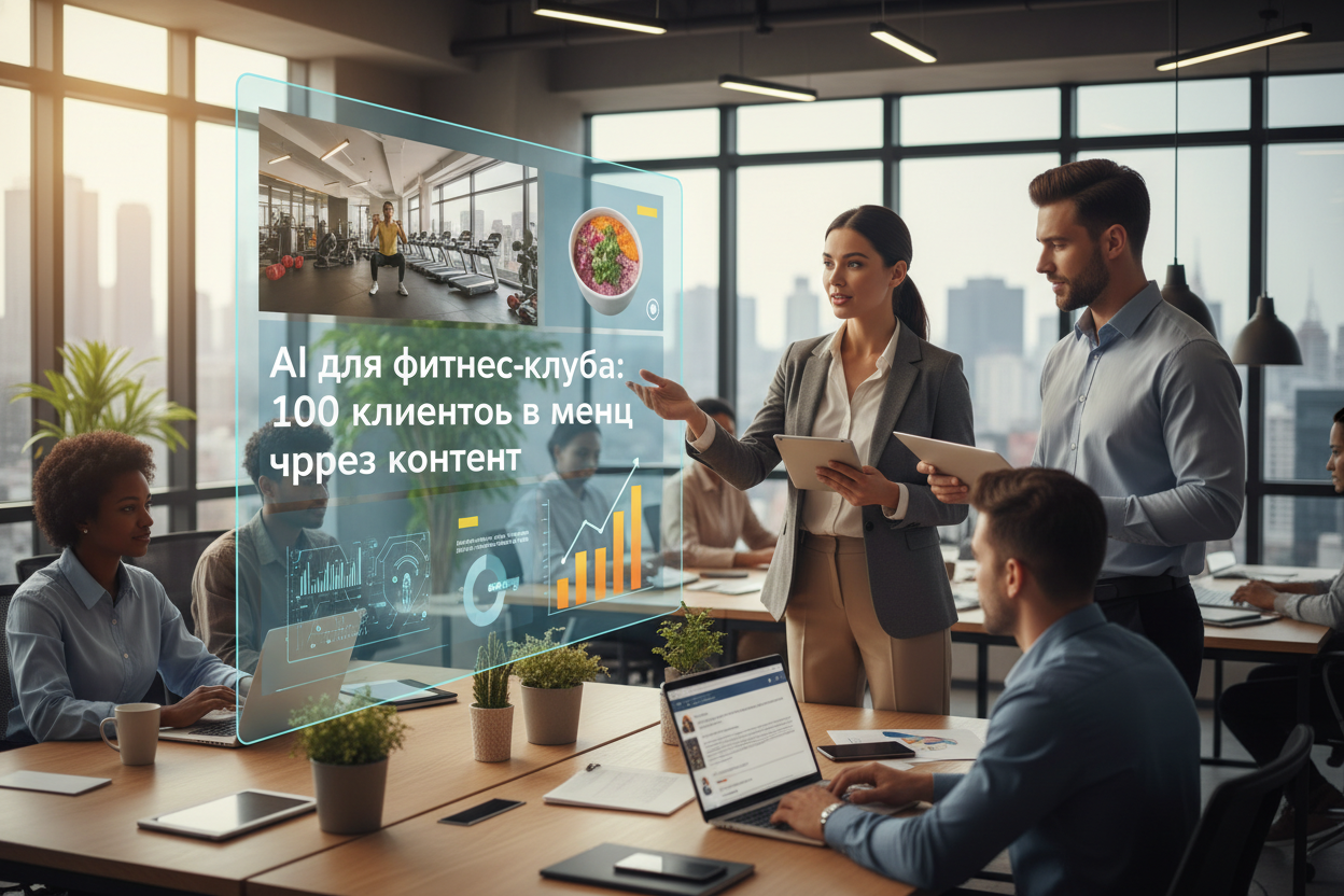 Editorial section illustration for "Создание AI-контента для соцсетей" in context of "AI для фитнес-клуба: 100 клиентов в месяц через контент". Subject-focused composition, realistic business environment, crisp details, natural contrast, no text, no watermark, no logo, no empty background, 16:9.