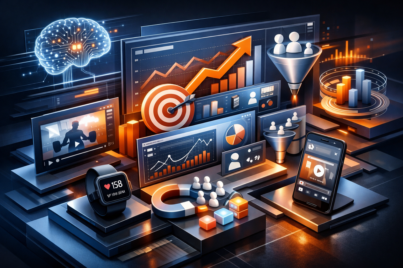 A group of diverse professionals collaborating in a modern office setting with laptops and technology.