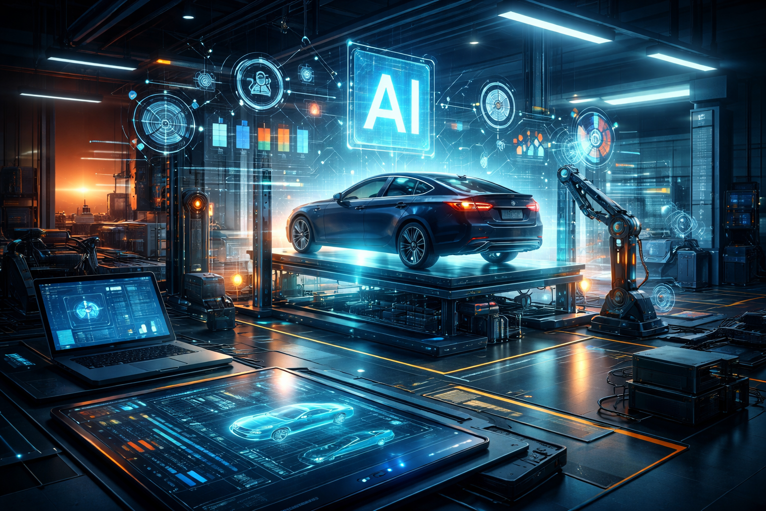 A group of diverse professionals collaborating in a modern office setting with laptops and technology.