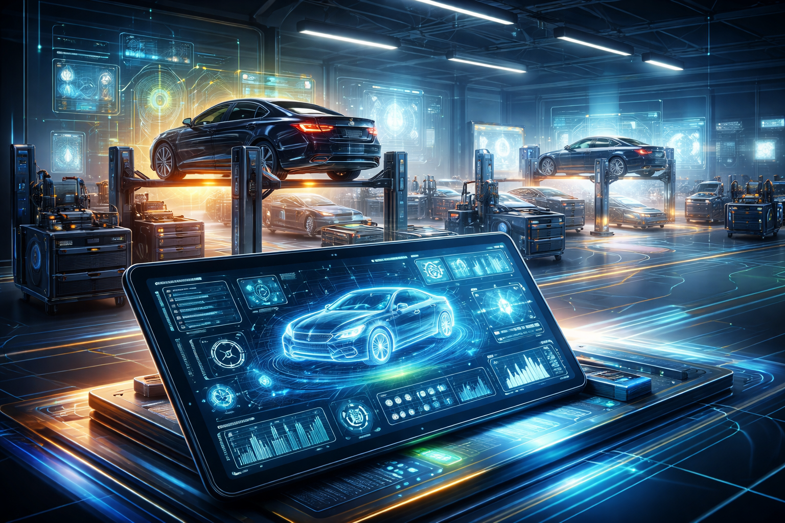 A diverse business team collaborates on projects in a modern office setting, using technology and notes.