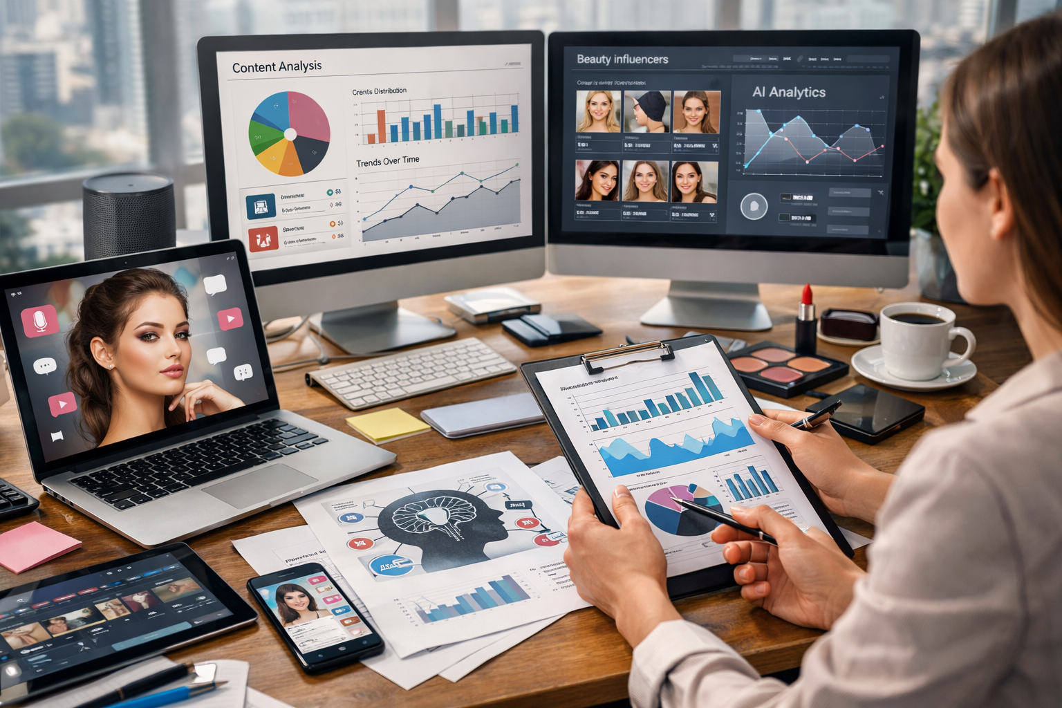 Editorial section illustration for "Анализ текущего контент-ландшафта" in context of "AI для салона красоты: контент-стратегия для роста бьюти-бизнеса в 2026". Subject-focused composition, realistic business environment, crisp details, natural contrast, no text, no watermark, no logo, no empty background, 16:9.