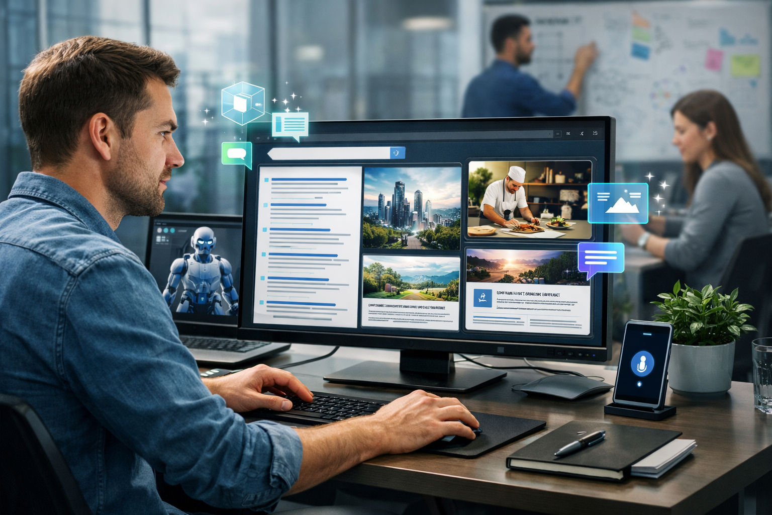 Editorial section illustration for "Новая реальность: от «синих ссылок» к генеративным блокам" in context of "SEO в 2026: Как AI Занял Топ и Что Делать". Subject-focused composition, realistic business environment, crisp details, natural contrast, no text, no watermark, no logo, no empty background, 16:9.