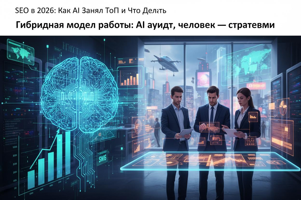 Editorial section illustration for "Гибридная модель работы: AI аудит, человек — стратегия" in context of "SEO в 2026: Как AI Занял Топ и Что Делать". Subject-focused composition, realistic business environment, crisp details, natural contrast, no text, no watermark, no logo, no empty background, 16:9.