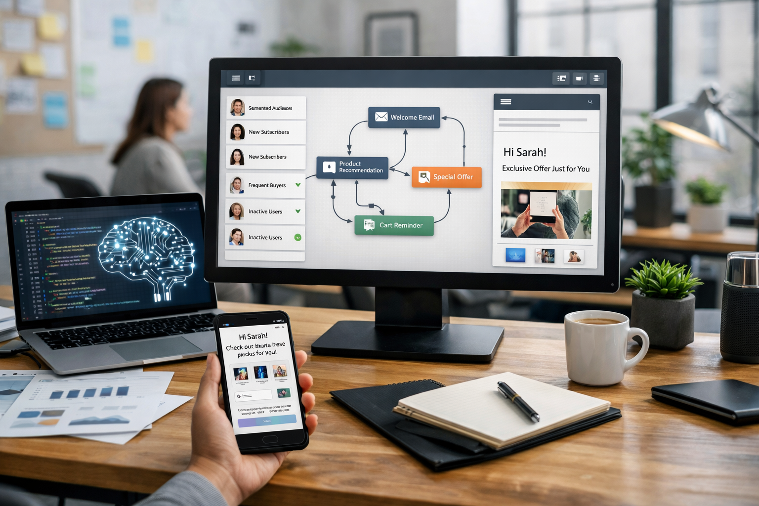 Editorial section illustration for "От сегментации к индивидуальному сценарию" in context of "Email + AI: Персонализация на Автопилоте". Subject-focused composition, realistic business environment, crisp details, natural contrast, no text, no watermark, no logo, no empty background, 16:9.