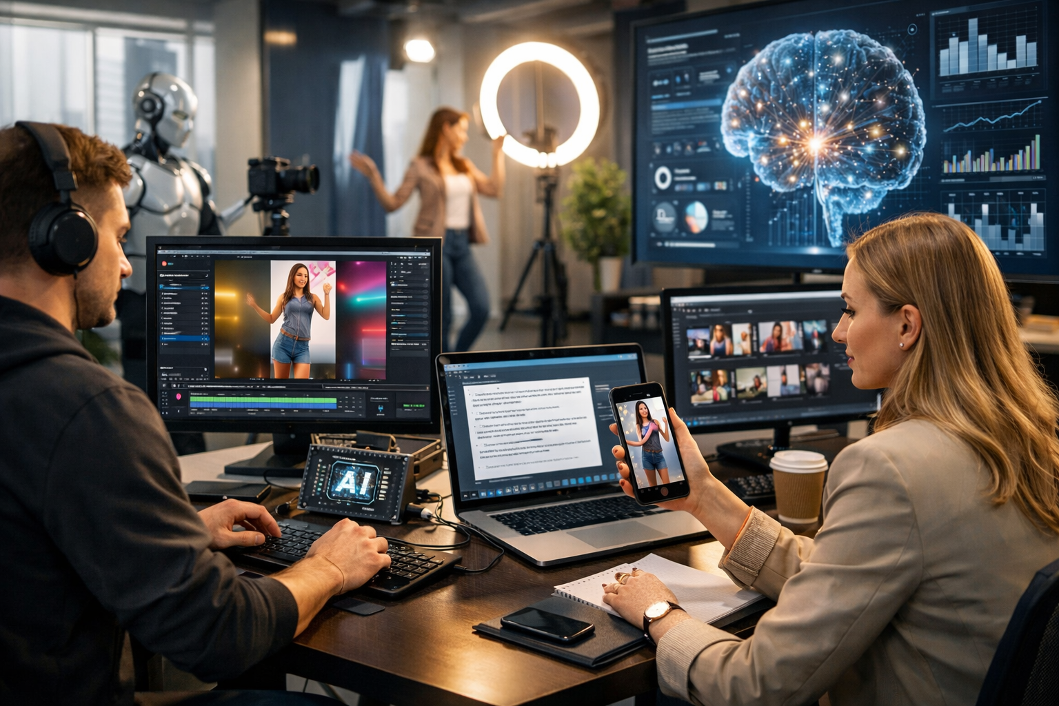 Editorial section illustration for "Операционная модель AI-студии" in context of "YouTube Shorts для бизнеса: AI-вирус за 5 минут". Subject-focused composition, realistic business environment, crisp details, natural contrast, no text, no watermark, no logo, no empty background, 16:9.