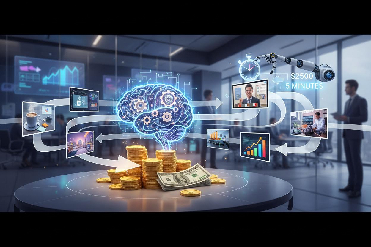 Editorial section illustration for "Фреймворк виральности: от идеи к $2500" in context of "YouTube Shorts для бизнеса: AI-вирус за 5 минут". Subject-focused composition, realistic business environment, crisp details, natural contrast, no text, no watermark, no logo, no empty background, 16:9.