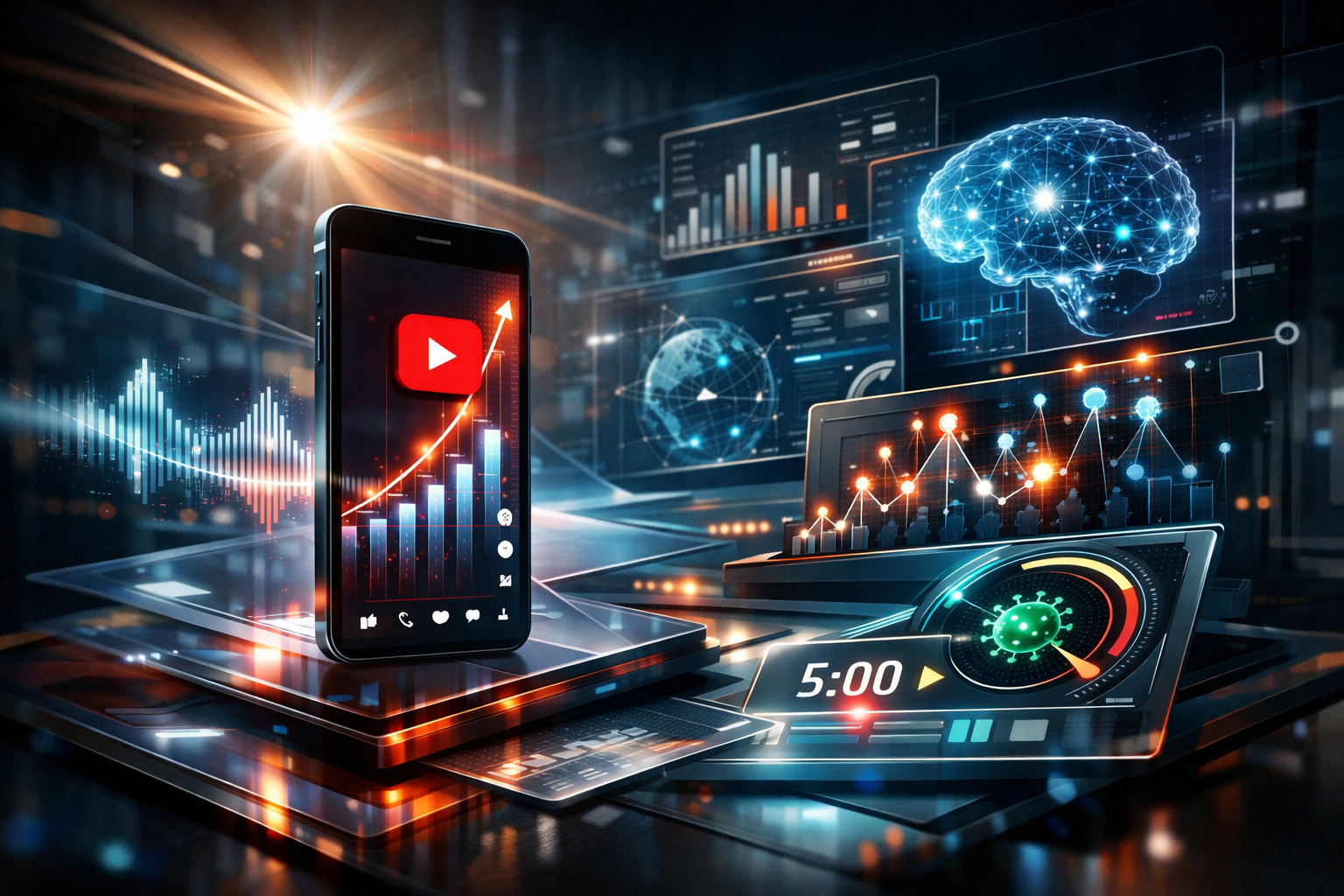 Overhead view of a business team analyzing charts and data on a laptop.