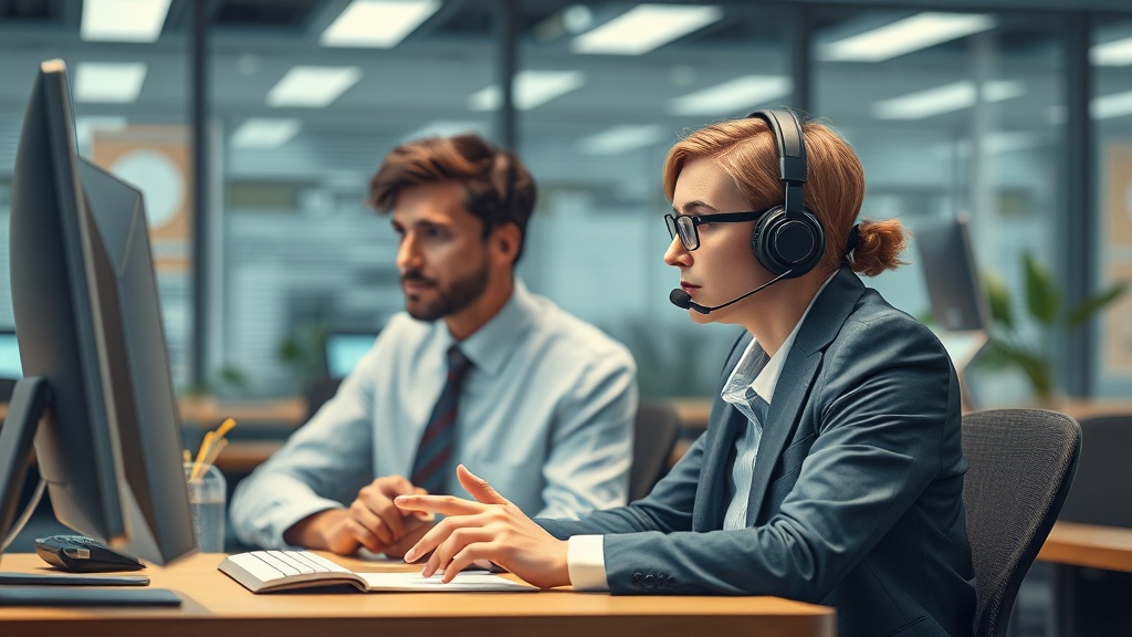 Editorial section illustration for "Голосовые агенты: борьба с фрустрацией IVR" in context of "AI для клиентского сервиса: чат-боты, голосовые агенты, sentiment analysis". Subject-focused composition, realistic business environment, crisp details, natural contrast, no text, no watermark, no logo, no empty background, 16:9.