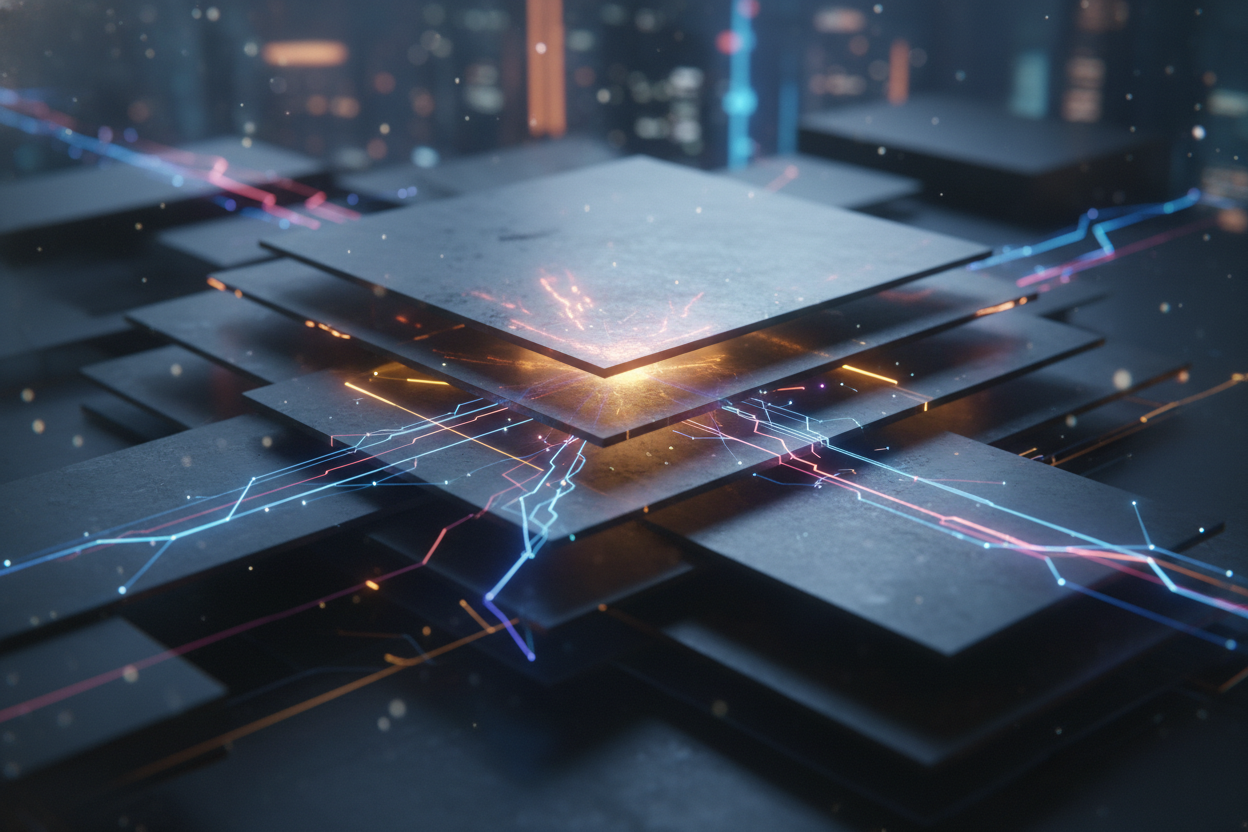 Premium editorial section illustration 2 for "ТОП-20 сервисов: сравнение мощности и ограничений" in context of "Нейросеть бесплатно: 20 лучших сервисов на 2026 год". Distinct visual angle, no people, no faces, layered product surfaces, abstract signals, cinematic light, crisp contrast, subject-focused, no text, no watermark, no logo, 16:9.