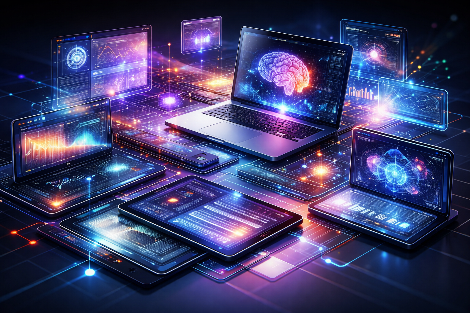 Multimedia setup featuring a laptop and a large monitor in a tech-savvy workspace.