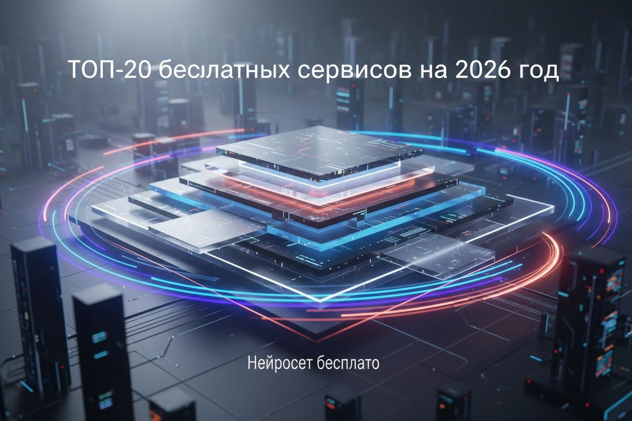 Premium editorial section illustration 2 for "ТОП-20 бесплатных сервисов на 2026 год" in context of "Нейросеть бесплатно: 20 лучших сервисов на 2026 год". Distinct visual angle, no people, no faces, layered product surfaces, abstract signals, cinematic light, crisp contrast, subject-focused, no text, no watermark, no logo, 16:9.