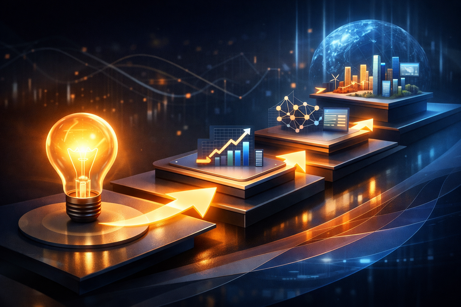 Premium editorial section illustration 1 for "Стратегический фреймворк: от идеи к системе" in context of "Бизнес онлайн 2026: Стратегия для руководителей". Distinct visual angle, no people, no faces, layered product surfaces, abstract signals, cinematic light, crisp contrast, subject-focused, no text, no watermark, no logo, 16:9.