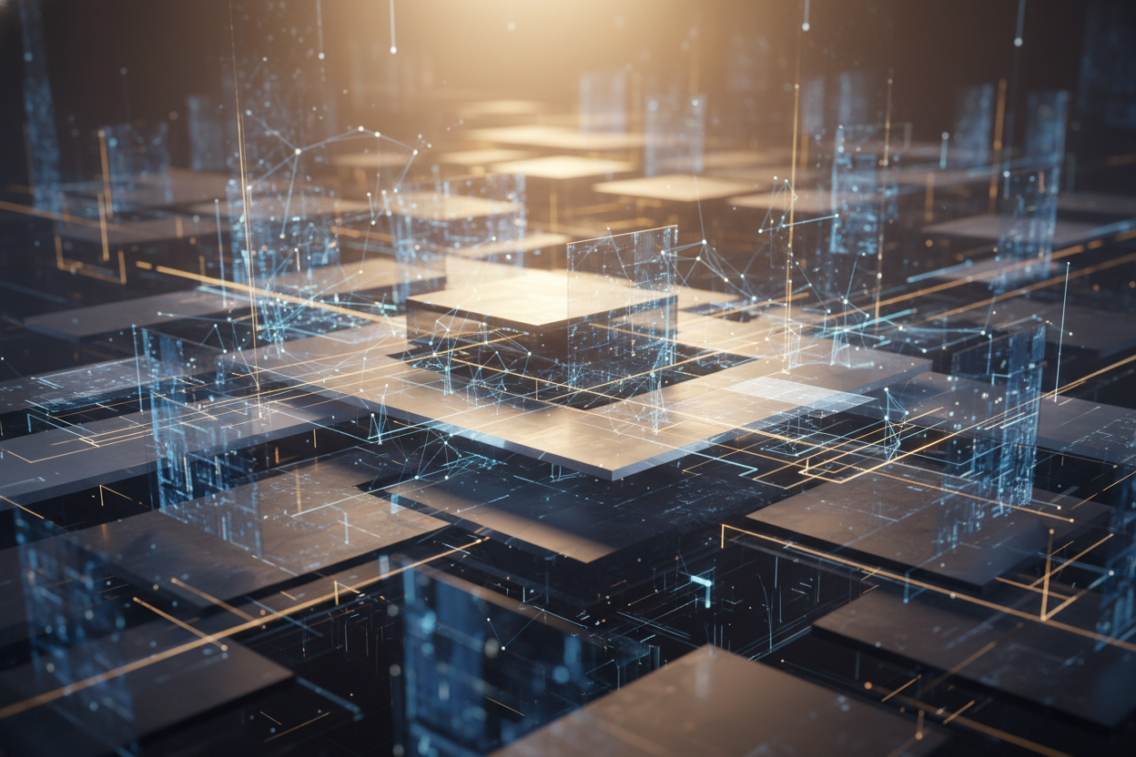 Premium editorial section illustration 2 for "Наем и управление командой: лидерство 2026" in context of "Бизнес онлайн 2026: Стратегия для руководителей". Distinct visual angle, no people, no faces, layered product surfaces, abstract signals, cinematic light, crisp contrast, subject-focused, no text, no watermark, no logo, 16:9.