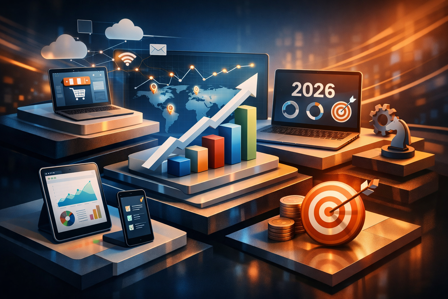 Premium editorial section illustration 1 for "1. Фреймворк стратегии онлайн-бизнеса на 2026 год" in context of "Бизнес онлайн 2026: стратегия, инструменты и управление командой для руководителя". Distinct visual angle, no people, no faces, layered product surfaces, abstract signals, cinematic light, crisp contrast, subject-focused, no text, no watermark, no logo, 16:9.