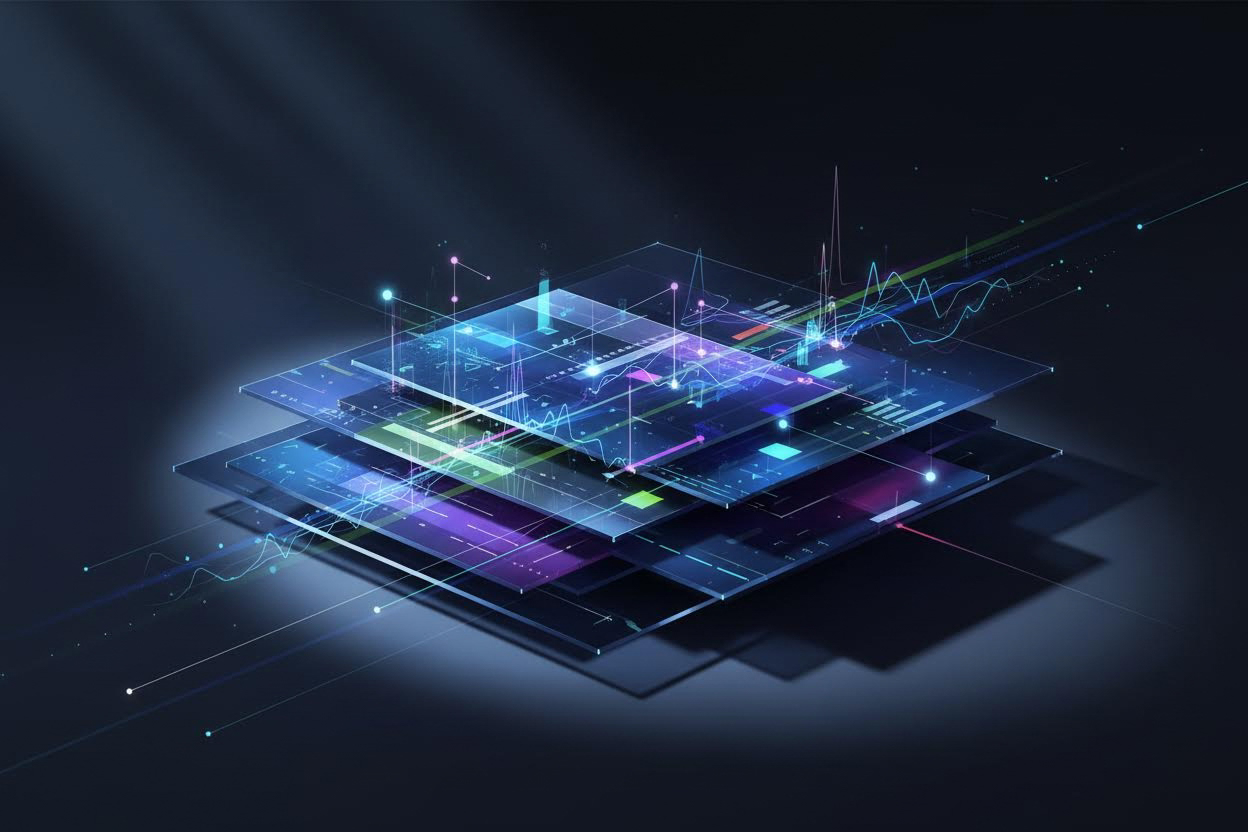 Premium editorial section illustration 2 for "2. Управление командой в онлайн-среде: лидерство 2026" in context of "Бизнес онлайн 2026: стратегия, инструменты и управление командой для руководителя". Distinct visual angle, no people, no faces, layered product surfaces, abstract signals, cinematic light, crisp contrast, subject-focused, no text, no watermark, no logo, 16:9.